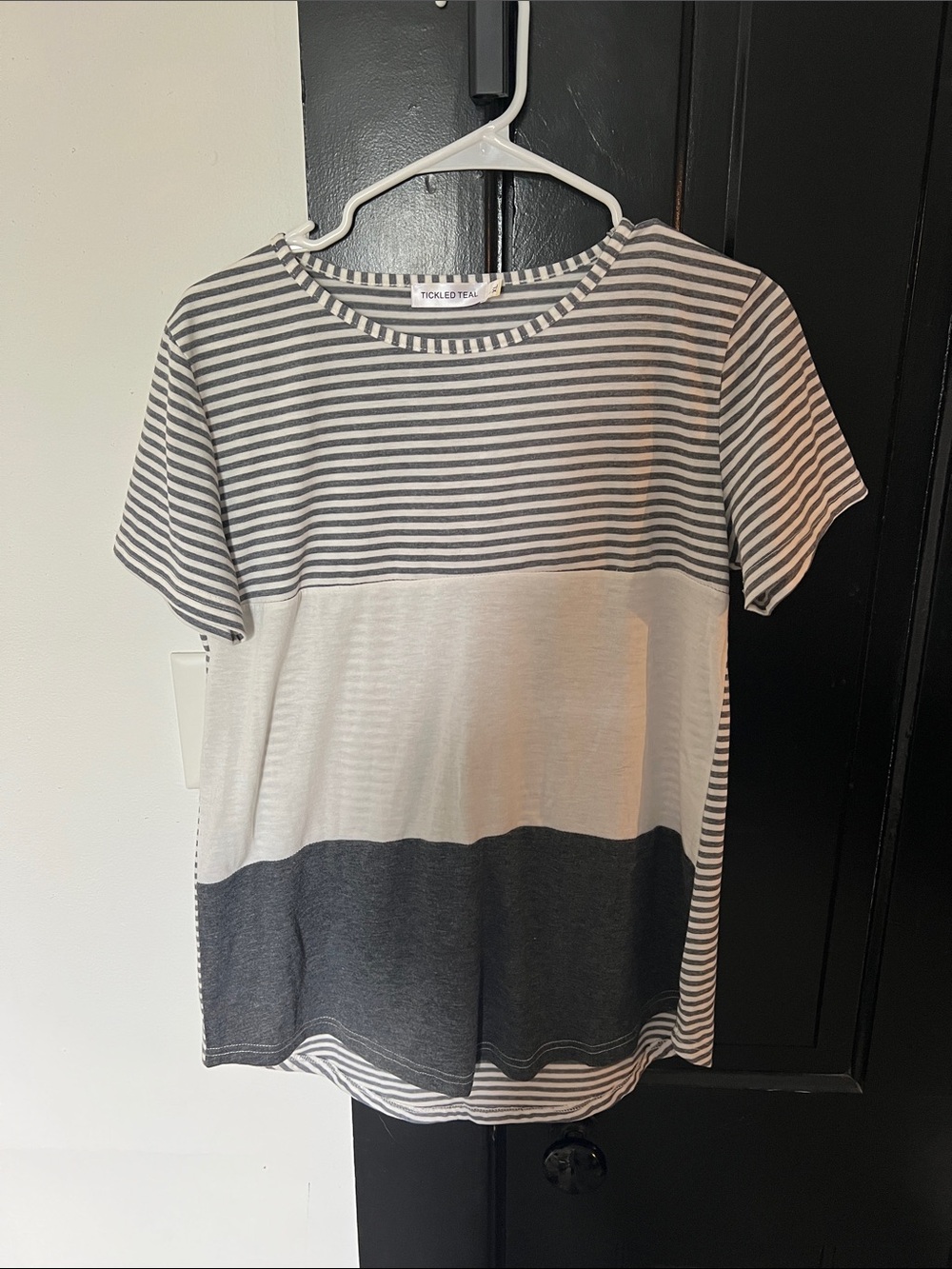 Tickled Teal Gray and White Striped Colorblock Short Sleeve Top